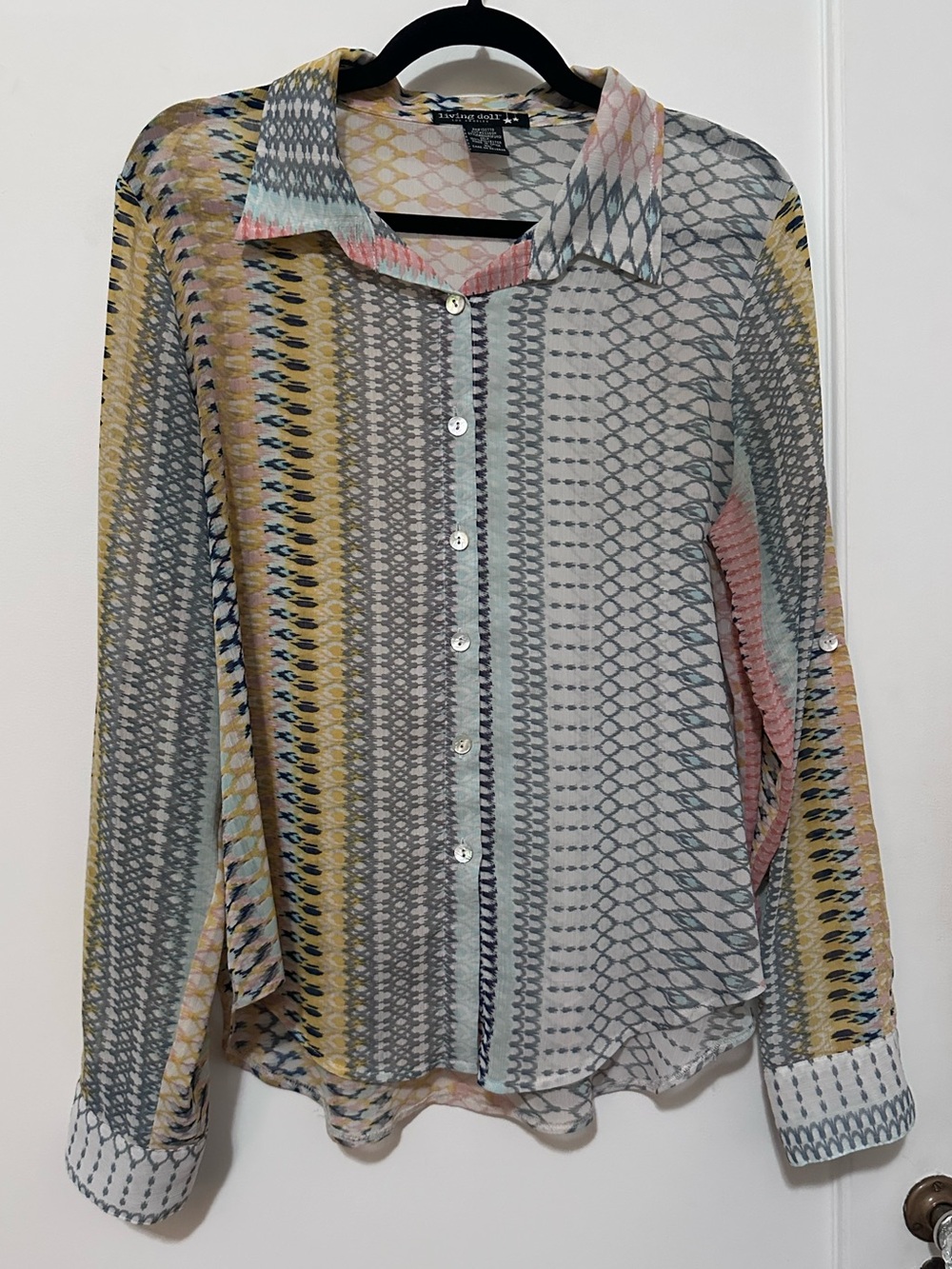 Living Doll pastel print semi-sheer button down roll-up sleeve blouse- XL